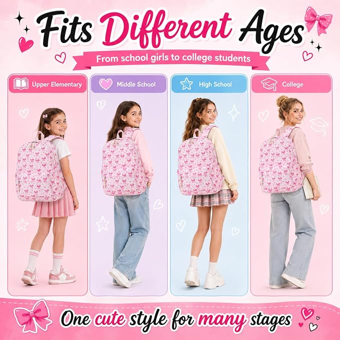 LOIDOU Backpack for Girls School Backpacks Bookbags for Elementary Middle School Women Laptop Backpacks (Bow Tie Pink, L-17)