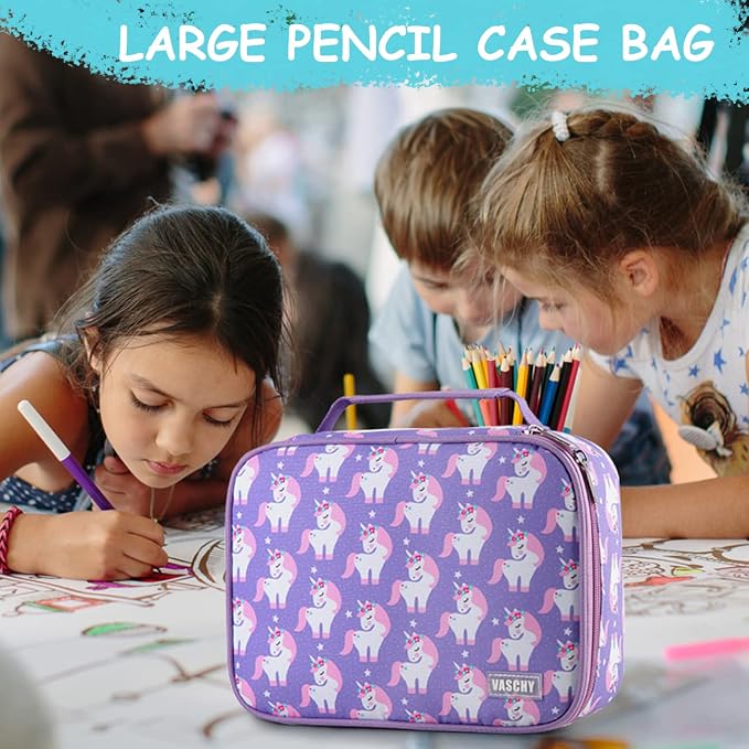 VASCHY Large Pencil Case, Art Color Pencils Pouch with Detachable Layers Multiple Zip Pockets for School Office Stationary Organization Purple Unicorn