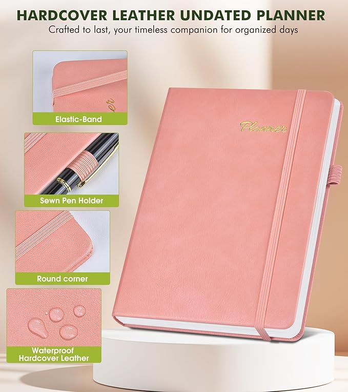 Undated Weekly and Monthly Planner, Hardcover Leather Calendar Blank Planner, Simplified To Do List Notebook with Goal & Habit Tracker Organizer, A5 Daily Weekly Planner for Work School Home, Pink