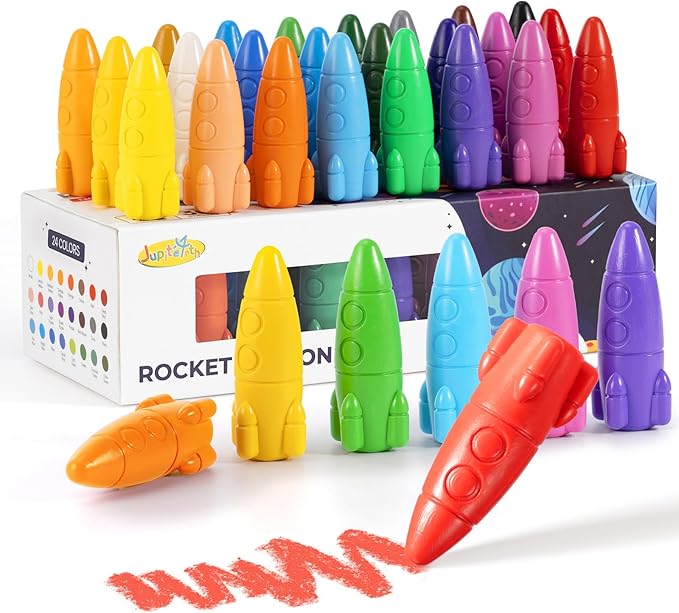 JUPITEARTH 24 Colors Crayons for Toddlers, Non-Toxic Washable Rocket Crayons, Easy-to-Hold Coloring Gifts & Mess-Free Art Supplies for Little Hands