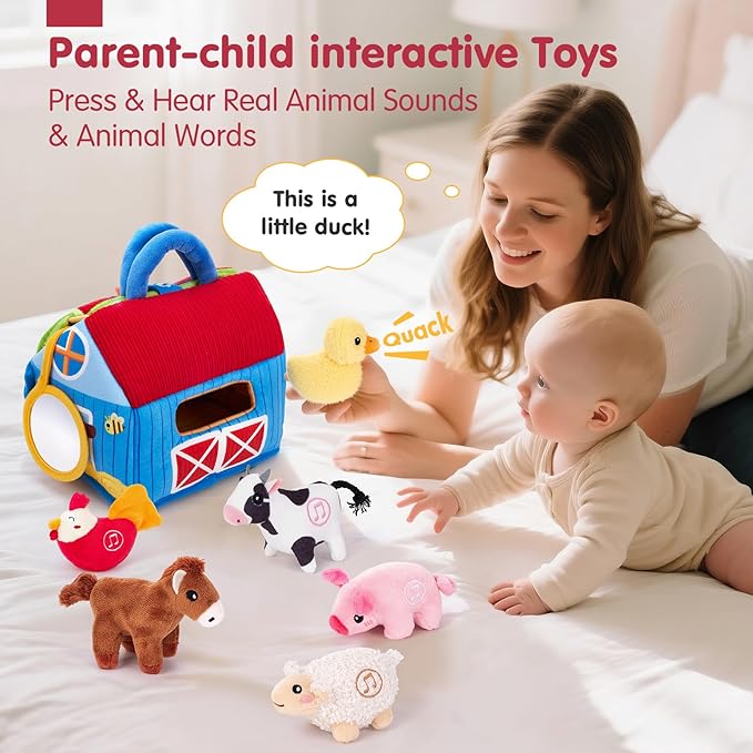 hahaland Baby Toys 6-12 Months - Surprise Barn with Stuffed Farm Animals with Real Sounds - Montessori Toys for 6 Month Old Baby Gifts Toddlers Sensory Toy 1 Year Old Boy Girl Gifts Infant Toys
