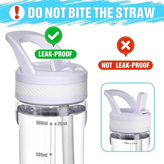 OLDLEY 20oz Kids Water Bottle with Straw, BPA-Free Tritan Water Bottle for School, Leakproof Clear Water Bottle with One Click Open, Measurement Scale, Cup Holder Friendly for Boys Girls,Clear White