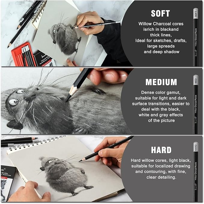 Brusarth Professional Charcoal Pencils Drawing Set - 8 Pieces Soft Medium and Hard Willow Charcoal Pencils for Drawing, Sketching, Shading