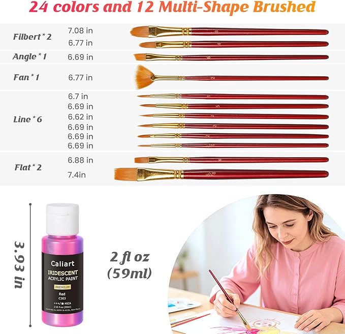 Caliart Iridescent Acrylic Paint, 24 Chameleon Colors in 59ml/2oz Bottles with 12 Brushes, Art Craft Paints Color-shifting for Adults Artists Beginners, Canvas Ceramic Wood Rock Painting Kit