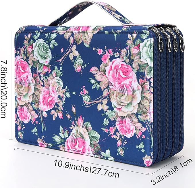 Vomgomfom 200 Slots Pencil Bag, 4-Layer Zipper Portable Art Supply Organizer, PU Leather Large Capacity Colored Pencil Case with Handle for 200 Watercolor Pens, Gel Pens (Blue Rose)