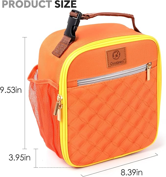 Genteen Lunch Box Reusable Lunch Bag for Men Women Kids Adults,Insulated Lunch Bag Waterproof Lunch Box Cooler,Small LunchBox With Side Pockets for Work Office School Travel Picnic-Orange