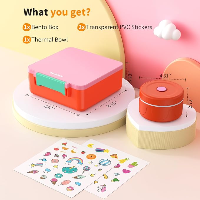 Bento Box for Kids, Lunch Box with Sticker for School | DIY Sticker Fun, Quick Lunch Packing, 4-Compartment Design, Insulated Food Jar, BPA-Free, Leak-Proof
