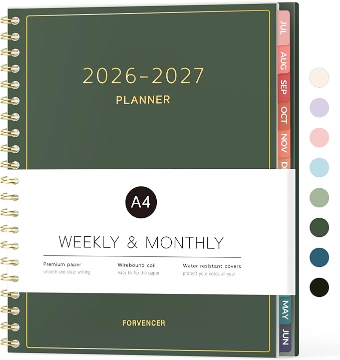 Forvencer Academic Planner 2026-2027, Weekly & Monthly Calendar Planner, July 2026-June 2027, 8.5" X 11", Daily Agenda Book, Flexible Cover Notebook, College School Teacher Organizer A4, Dark Green