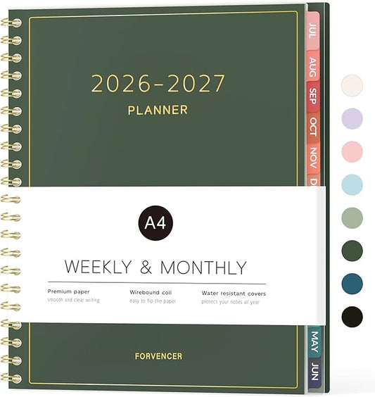 Forvencer Academic Planner 2026-2027, Weekly & Monthly Calendar Planner, July 2026-June 2027, 8.5" X 11", Daily Agenda Book, Flexible Cover Notebook, College School Teacher Organizer A4, Dark Green