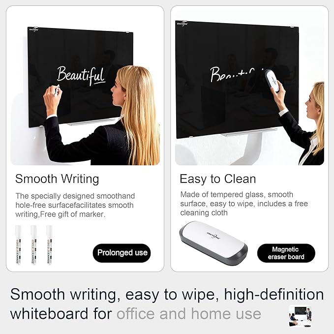 24 x 18 Magnetic Glass Blackboard, Frameless Glass Dry Erase Board for Wall, Home, Office, Classroom