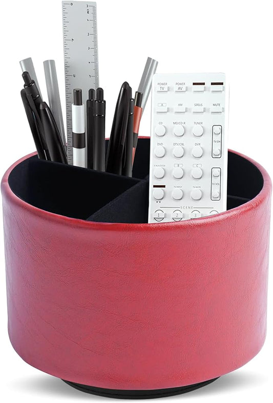 Round Leather Art Supply Organizer,Remote Control Holder,360 Degree Spinning,Multi-Functional Pencil Holder,4 Compartments Desktop Stationary Organizer(1-Oil Red)