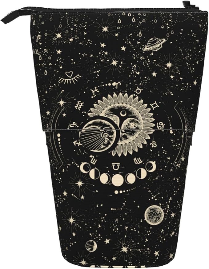 Moon and Sun Standing Pencil Case Cute Telescopic Stationary Pouch with Zipper Large Capacity Stand up Pen Bag Portable Makeup Holder for School Office Supplies