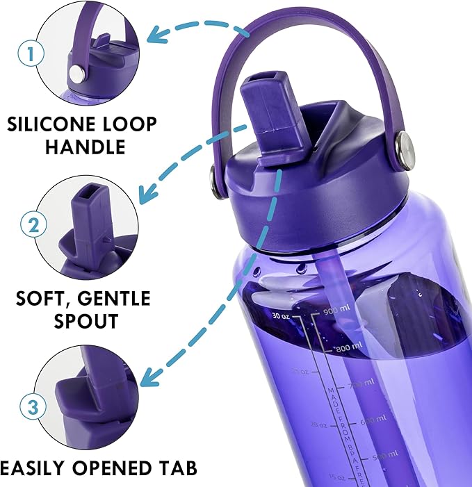 OLDLEY 32 oz Clear Water Bottle with Straw,Tritan BPA-Free, Wide Mouth, Leak Proof - for Gym, Travel, Home, School, Office (Deep Purple)