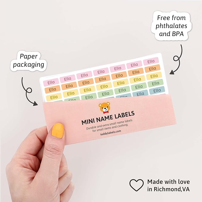 Mini Name Labels (175) - Custom Personalized Name Labels for Labeling Tiny Items, Washer and Dryer-Safe Waterproof Labels for Daycare, Preschool, and School - Pastel Rainbow
