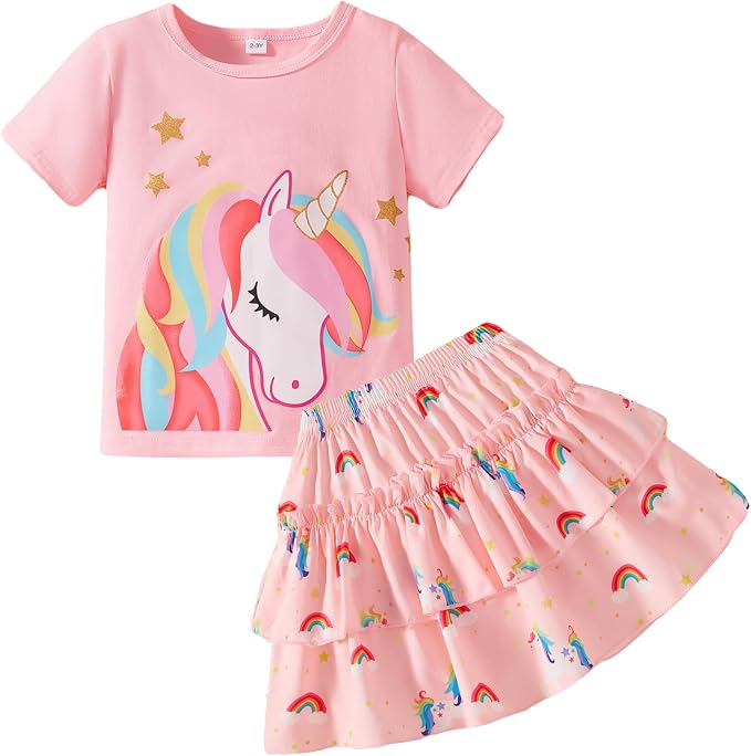Little Girls Skirt Set - 2 Piece Short Sleeve Top Shirred Tiered Skirt Outfit Girls Spring Summer Clothes 3-8 Years