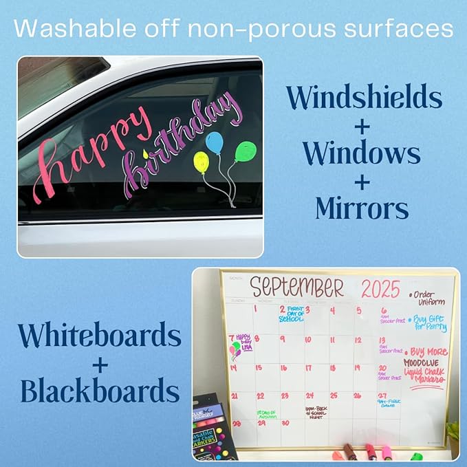 MoodClue Liquid chalk markers washable, erasable, dry or wet erase. 6 neon markers for whiteboards, glass boards, mirrors, chalkboards, windows, car windshields, glass. Non-toxic, reverse tip pens