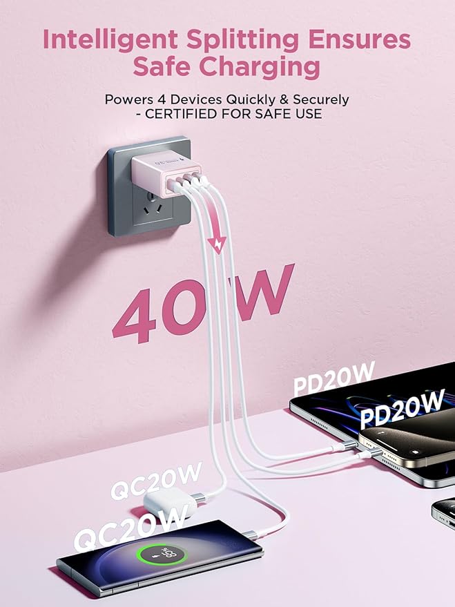USB C Charger Block, 40W 4-Port Fast Charging Block USB C Wall Charger Dual Port PD + QC Wall Plug Multiport Type C Block for iPhone 17 16 15 14 13 12 11 Pro Max XS XR 8, iPad, Samsung Phone
