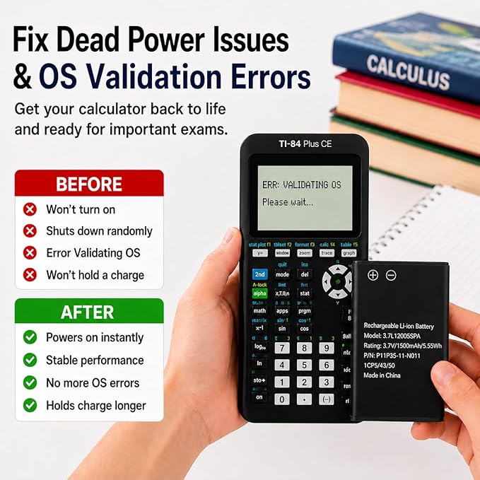 TI-84 Plus CE Battery Replacement Fit Texas Instruments TI-84 Plus CE C Graphing Calculator, TI NSpire CX/CX II/CX CAS, P11P35-11-N01 & 3.7L12005SPA Battery, Fix Dead Power Issue & Error Validating OS