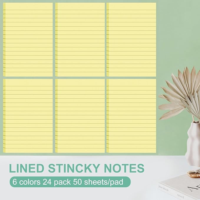 24 Pack Lined Sticky Notes 4X6 in, Self Sticky Note Pads with Lines, Large Sticky Note Memo Pad for Office, Home, School, Meeting, 50 Sheets/pad, Yellow