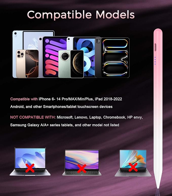 Stylus Pen for Touchscreen, CMARS Universal Tablet Pen for Apple iPad/iPhone/Samsung/Huawei/Xiaomi/Android and More Devices, Rechargeable Tablet Stylus with Magnetic Function - Gradient Pink