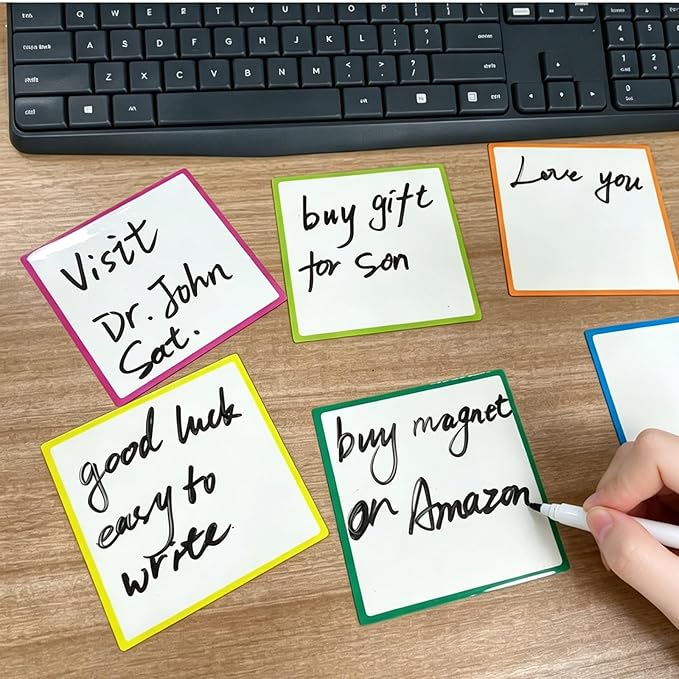 18 Packs, 4" x 4" Dry Erase Reusable Magnetic Sticky Notes, Edge Color Magnets Labels, Widely Use to Post Notes for Whiteboard, Fridge, Locker, Cabinet, Door - Office & Classroom Supplies