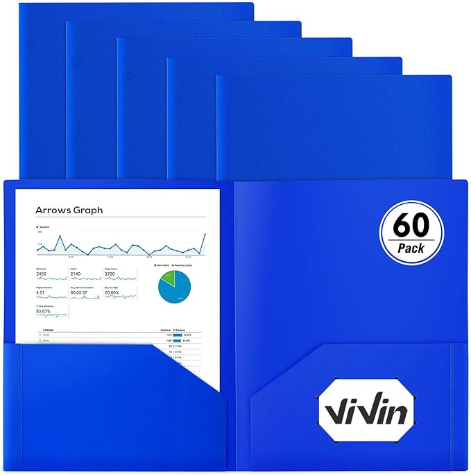 ViVin 60-Pack Heavy Duty 2 Pocket Folders, Plastic File Folders for School, Office and Home (Blue)