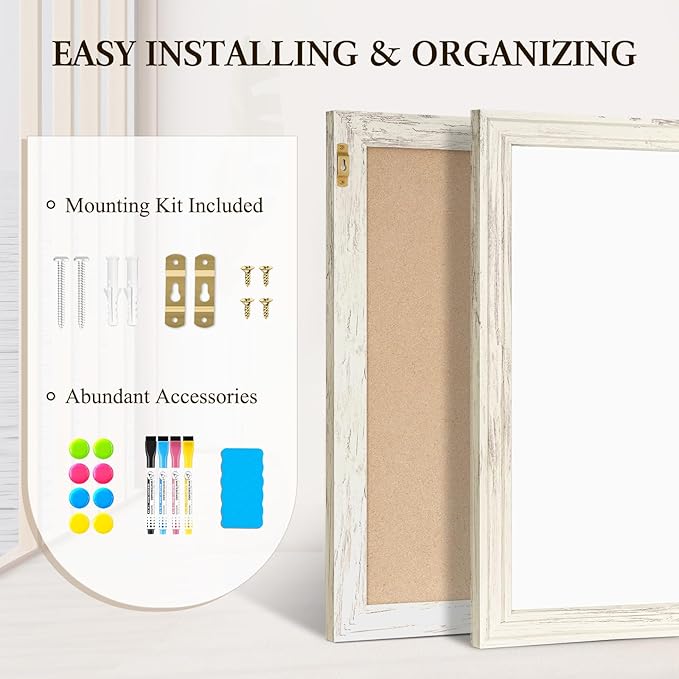 4 THOUGHT Dry Erase Board, 36 x 24 in Magnetic Whiteboard White Vintage Wood Frame Wall-Mounted White Board Decorative Notice Board for School, Office, Home, 8 Magnets 4 Markers 1 Eraser