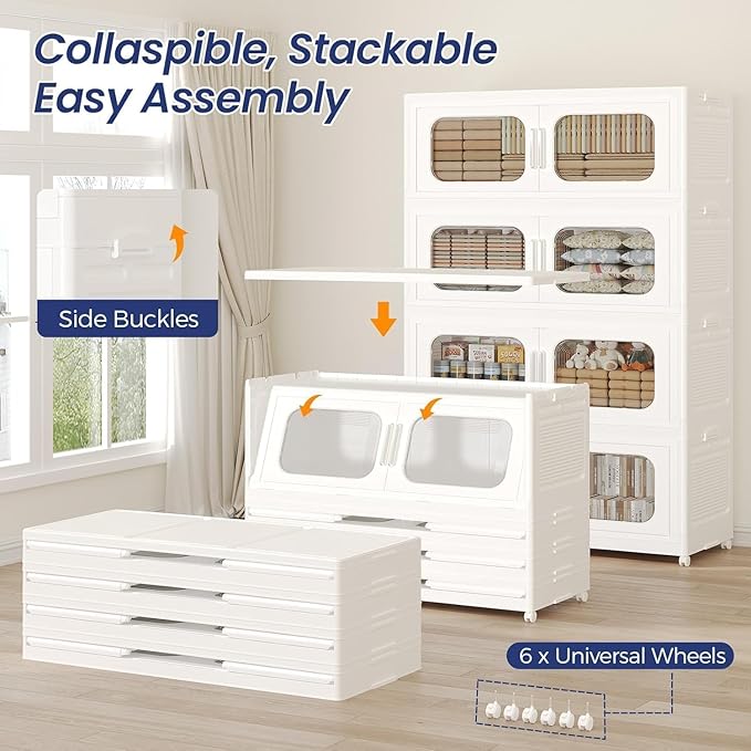 150GAL Extra Large Storage Bins with Lid, 600QT Storage Bins with Wheels, Folding Closet Organizer, Stackable Collapsible Plastic Storage Containers for Home, Office, Kitchen, 3Pack White
