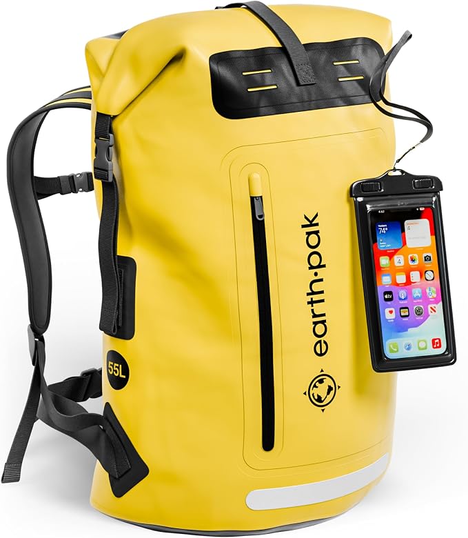 Waterproof Dry Bag Backpack 55L - Kayaking Boating Fishing Rafting Marine | Yellow 55L dry bag: 500D PVC, abrasion resistant build, IPX8 phone case for river and lake trips