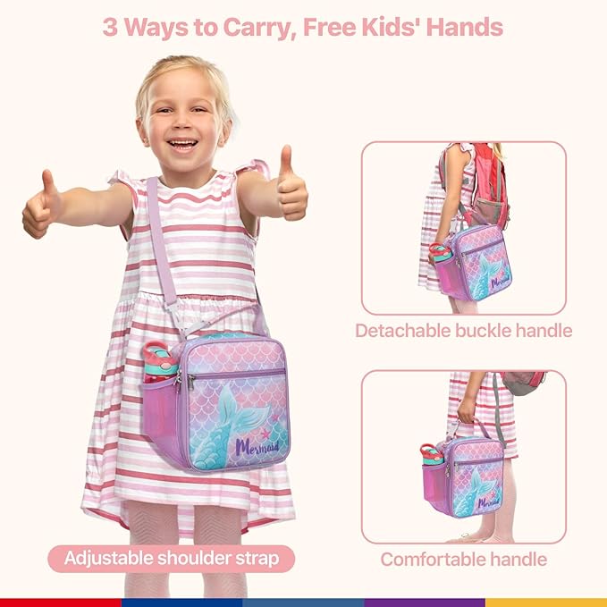 Bagseri Kids Lunch Bag with Shoulder Strap - Insulated Crossbody Girls Lunch Box for School & Travel, Reusable Large Meal Tote with Bottle Holder, Fits Bento Box, Purple Mermaid Tail