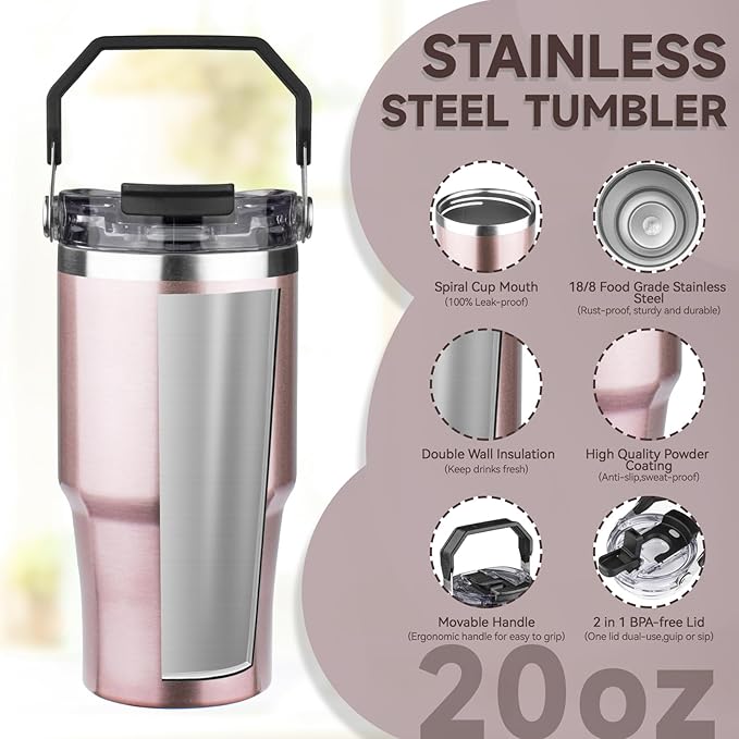 20oz Tumbler with Handle and Flip Straw Lid Double Wall Insulated Travel Coffee Mug Stainless Steel Vacuum Insulated Coffee Tumbler Cup for Hot and Cold Beverages Leak-proof&BPA-free（20oz,Rose gold）