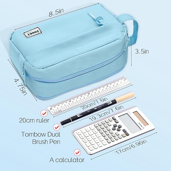 Sooez Original High Capacity Pencil Case, Big Pencil Bag Pouch Box Organizer Pen Case, Aesthetic Supply for Girls Adults, Portable Journaling Supplies with Easy Grip Handle & Loop, Blue