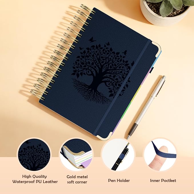 QIYVLOS Hardcover Spiral Notebook, A5 Journal with Removable Dividers Tabs, 5 Subject Notebook College Ruled, 320 Pages 6"x8" Leather Notebooks for Work School Study, Lined Journal for Women, Navy