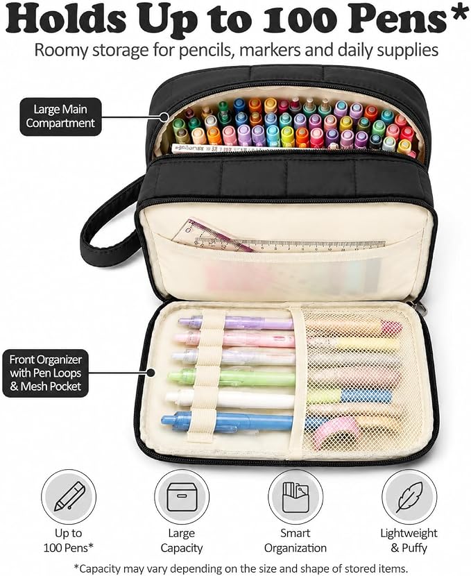 Puffer Quilted Pencil Pouch for Women, Large Capacity Organizer Bag with Multiple Compartments, Cute Aesthetic Pencil Case for Office, Travel & Daily Essentials (black)