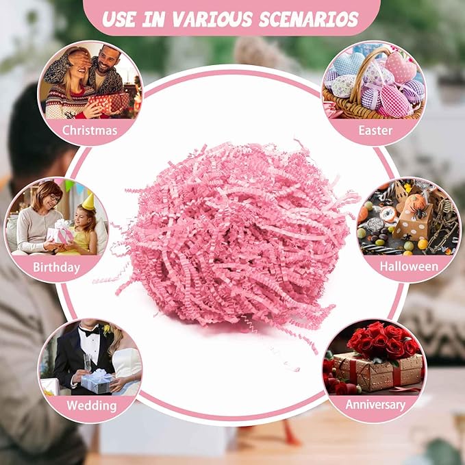 Tisspoms 3LB Pink Crinkle Cut Paper Shred Filler, Paper Shreds for Basket Fillers, Birthday, Gift Wrapping, Anniversary, Wedding, Halloween, Valentine's Day, Christmas Gift Decor Party Filler