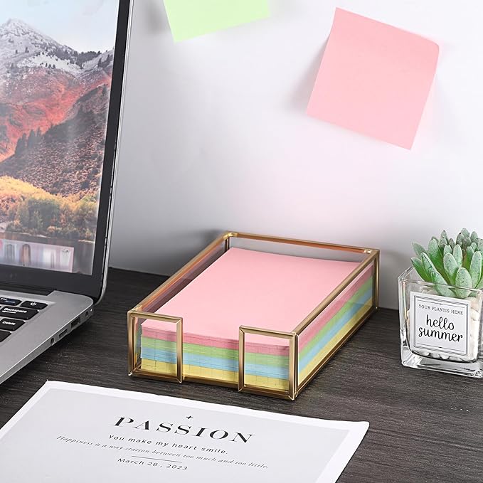 BTSKY Golden Glass Sticky Note Holder for 4x6 Inch Sticky Notes, Elegant Post It Note Dispenser with Non-Slip Pads Clear Notepad Holder for Desk Organization Planning, Home Office Decor