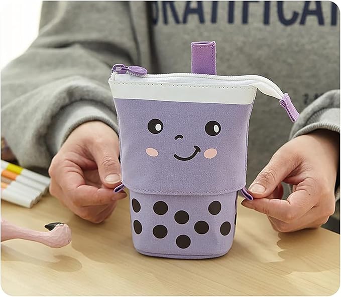 3 Pack Telescopic Pencil Pouch Bag Pop Up Pencil Case Stand Up Pen Holder Cute Polka Dot Canvas Pen Bag, Standing Stationery Case Holder for Students Boys Girls Adult