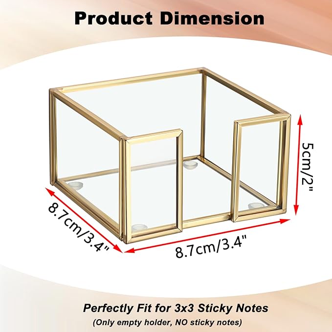 BTSKY Golden Glass Sticky Note Holder for 3x3 Inch Sticky Notes, Elegant Post It Note Dispenser with Non-Slip Pads Clear Notepad Holder for Desk Organization Planning, Home Office Decor