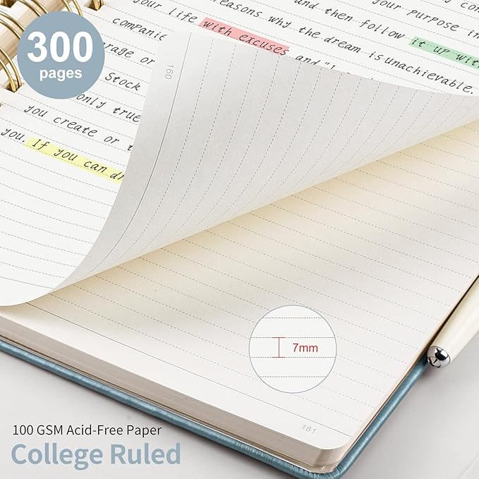 EMSHOI A4 Spiral Notebook College Ruled, Large 8.27"x11.2", Thick 300 Numbered Pages 100GSM Ink-Proof, Faux Leather Hardcover Lay-Flat Lined Journal for Work Office School Writing, Gray Blue