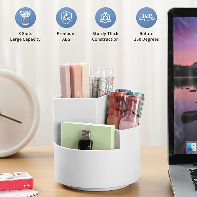Desk Pencil Pen Holder, 3 Slots 360-Degree Spinning Organizers, Desktop Storage Stationery Supplies, Cute Cup Pot for Office, School, Art Supply, Kids - Gray