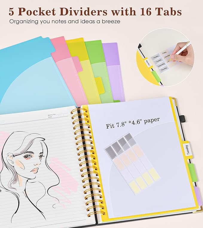 Hardcover Spiral Notebook with Removable Dividers Tabs, 300 pages Leather 5 Subject Notebook College Ruled, 6.2" x 8.2" Journal for Women Men, Small Notebooks for Work School Note taking,A5 Black