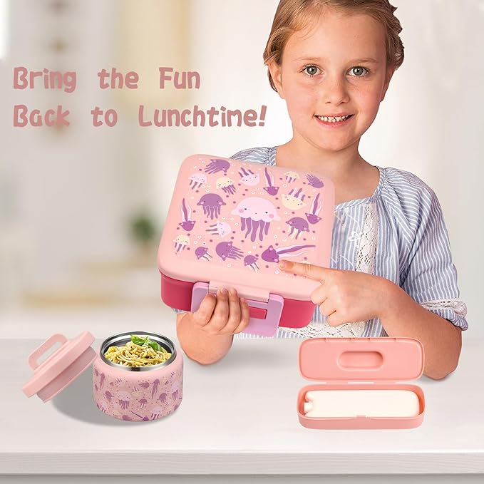 JXXM Bento Lunch Box for Kids with 8oz Soup Thermo,Leak-Proof Lunch Containers with 5 Compartment,Thermo Food Jar Food Containers for School (Pink-Jellyfish)