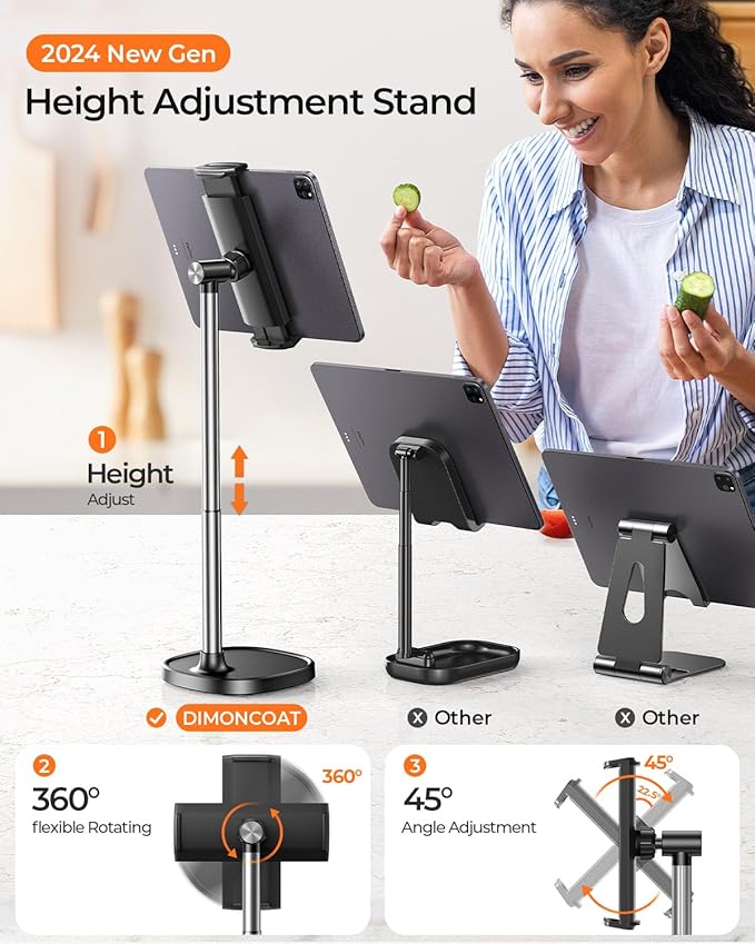 DIMONCOAT Height Adjustable Tablet Stand for Desk, Tablet Holder 360° Rotation: Desktop Tablet Accessories for 4.7-10" Like iPad Pro, Air Mini, Kindle, E-Reader, iPhone 17 Pro Max