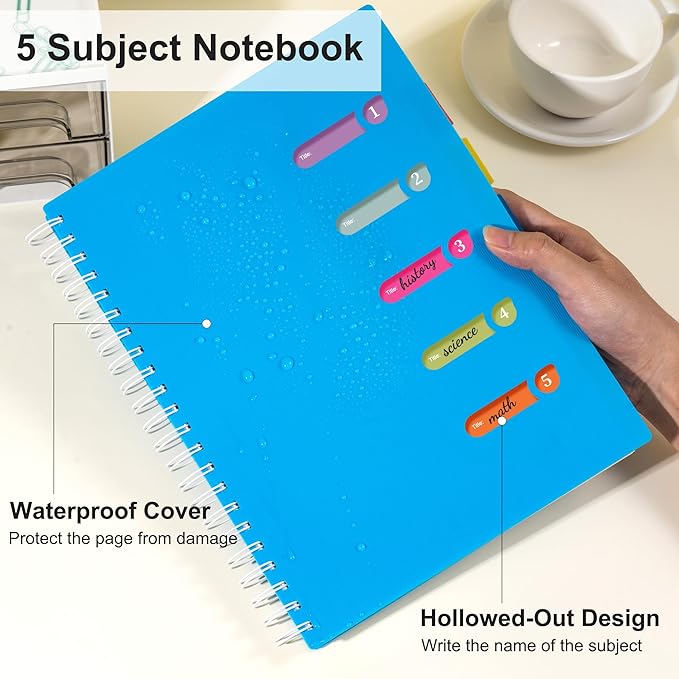 Yoment 5 Subject Notebook College Ruled Spiral Notebook 5x7 with Removable Dividers 270 Pages Notebooks for Work Multi Subject Notebook with 5 Tabs Organizer Notebooks for Note Taking School, A5 Blue