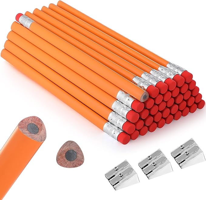 Fainne 48 Pcs Fat Pencils Jumbo Big Thick Large Pencils and 3 Pieces Sharpeners for Kids Beginners Preschoolers Kindergarten School Office Supplies(Orange+Silver,Triangle)