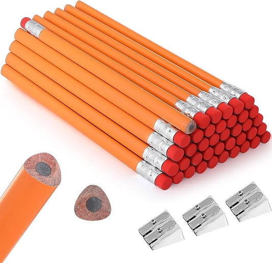 Fainne 48 Pcs Fat Pencils Jumbo Big Thick Large Pencils and 3 Pieces Sharpeners for Kids Beginners Preschoolers Kindergarten School Office Supplies(Orange+Silver,Triangle)