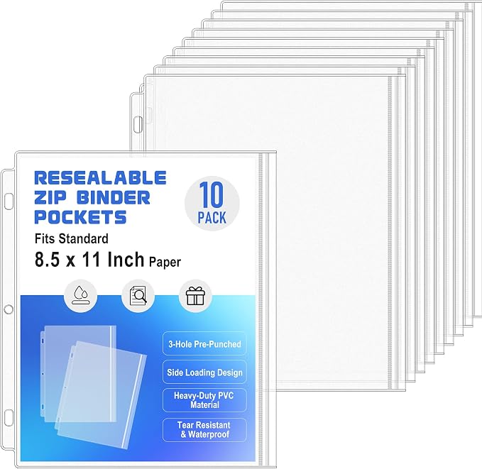 Antner 10 Pack Letter Size Binder Pockets 3 Ring Binder Zipper Pouch, 3-Hole Waterproof Resealable Zip Loose Leaf Insert Bags PVC Document Organizer Folders Page Sheet Protectors for 8.5x11 Paper