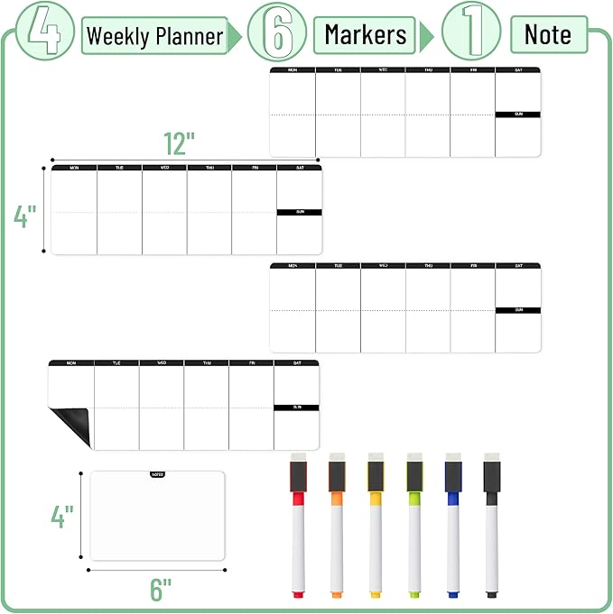 Mr. Pen- 4" x 12" Dry Erase Magnetic Weekly Planner for Fridge, 11 pcs, 4X Weekly Chore Chart, 6X Colorful Whiteboard Markers and 6" x 4" Magnetic Whiteboard Note