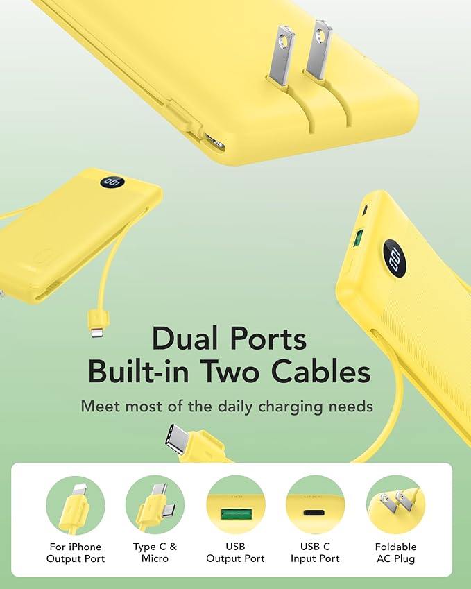 VRURC Portable Charger Power Bank - 10000mAh Fast Charging 22.5W PD 20W Slim Portable Charger Built in Cables Power Bank with Cords,USB C Portable Phone Charger Travel Accessories -Yellow