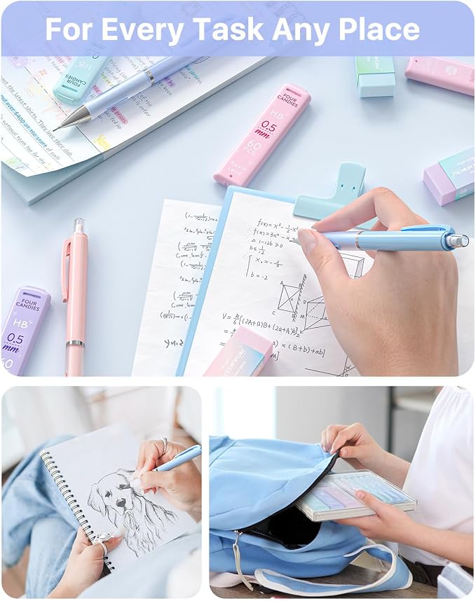 Four Candies Pastel Mechanical Pencil Set, 0.5mm Fine Point, Pack of 6 | 360 HB/2B Leads, 3 Erasers+9 Refills, Storage Case, Cute Pink/Purple/Blue Barrels, Rubber Grip, for Homework & Journal